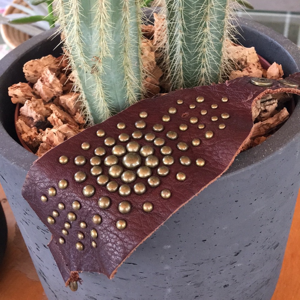 Brown leather bracelet with gold studs.